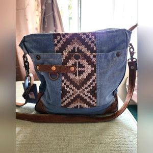 MYRA BAG blue denim crossbody with brown accents